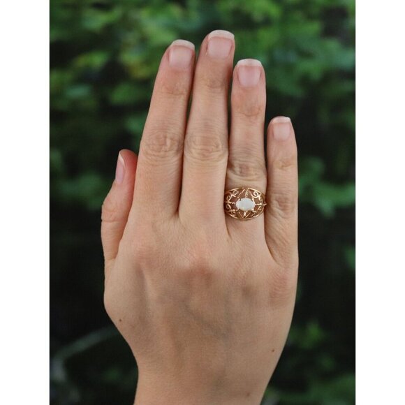 14k Yellow Gold Natural Opal Filigree Ring Size 6 - Picture 2 of 8